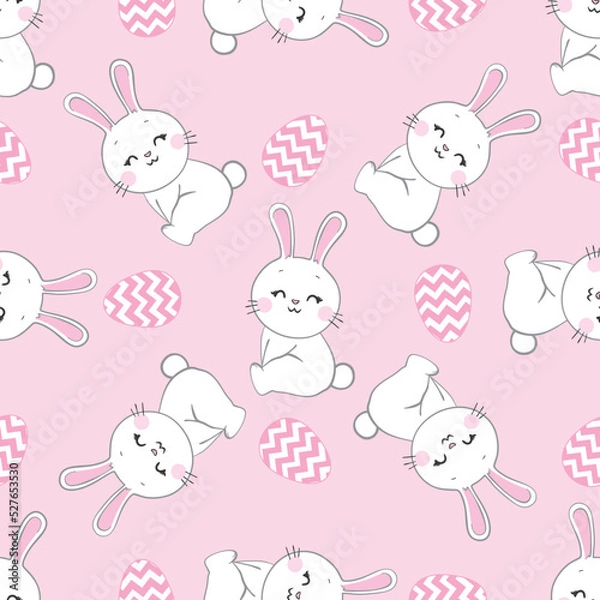 Fototapeta Seamless pattern with daisy garden and rabbits on pink background vector illustration.
