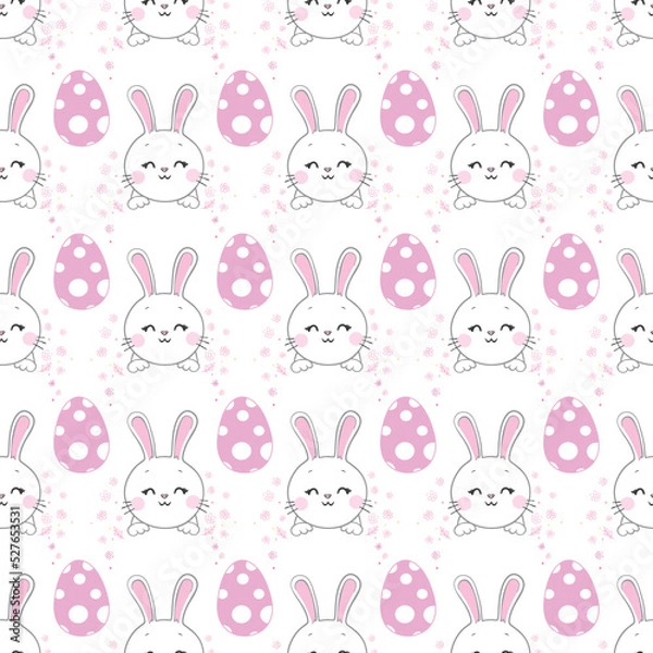 Fototapeta Seamless pattern with daisy garden and rabbits on pink background vector illustration.