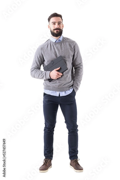 Obraz Smiling happy bearded businessman holding planner looking at camera. Full body isolated on transparent background.