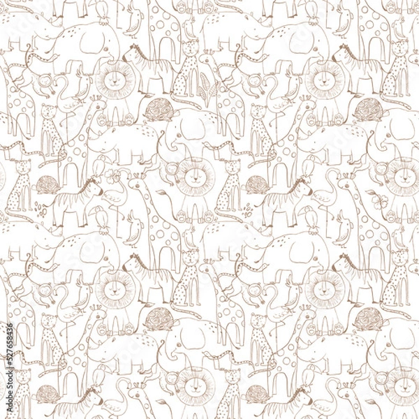 Fototapeta Beautiful seamless baby pattern with cute hand drawn safari elephant lion giraffe toucan zebra monkey flamingo rhino parrot snake jaguar animals. Stock illustration.