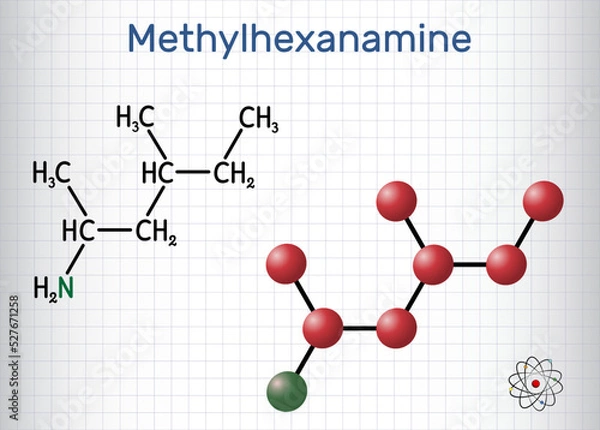 Fototapeta Methylhexanamine, methylhexamine, dimethylamylamine, DMAA molecule. It is alkylamine, indirect sympathomimetic drug. Sheet of paper in a cage.