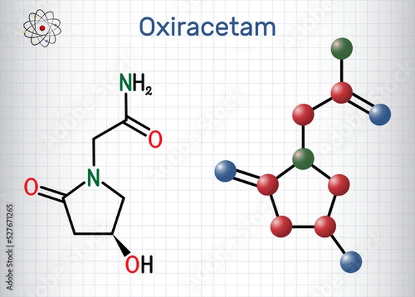 Fototapeta Oxiracetam molecule. It is is a nootropic drug of the racetam family, very mild stimulant. Structural chemical formula and molecule model. Sheet of paper in a cage