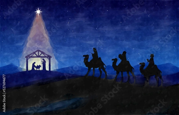 Fototapeta Nativity scene with Three Wise Men in the desert. Watercolor painting sketch. Greeting card background.

