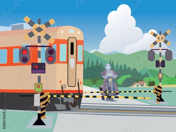 Fototapeta 踏切で止まるバイク