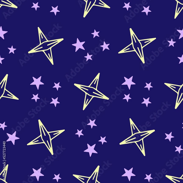 Fototapeta Cute sky pattern on a dark background with bright stars for factory prints, children's clothing, wrapping paper and gift wrapping.