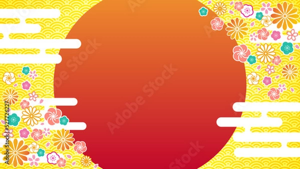 Obraz 日の出イメージの和柄背景，青海波模様，赤のコピースペース