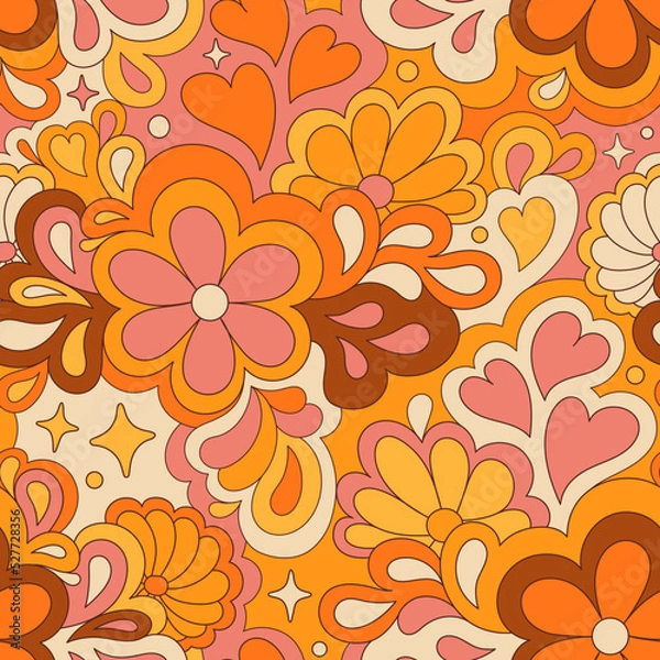 Obraz Retro groovy 60s 70s vector seamless pattern. Old school psychedelic hippie design with flowers and hearts for package, branding, textile, stationery, wraping paper, gift cards, any surface