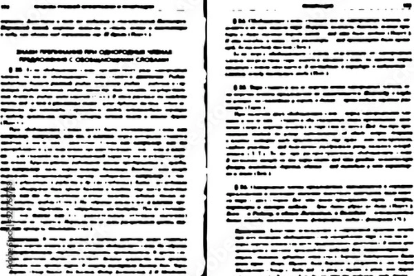 Obraz Grunge texture of printed text. Unreadable printed text of the directory. Abstract monochrome background of unreadable. Vector illustration.