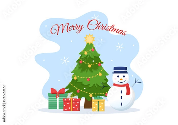 Fototapeta Merry Christmas and Happy New Year Template Hand Drawn Cartoon Background Illustration with Snowflakes, Snowman, Tree, Gift and Winter Landscape