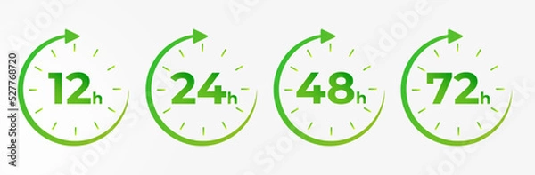 Obraz 12, 24, 48, 72 hours clock arrow. symbol work time, delivery and service time, isolated green on white , Vector illustration