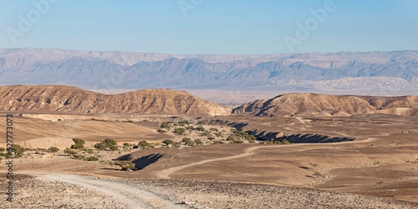 Fototapeta panorama of the Great Rift Valley from a hill above the Wadi Nahal Qatsra dry stream bed with the Jordan mountains in the background