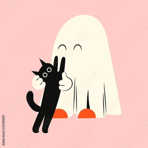 Fototapeta Halloween ghost with a black cat. Kawaii phantom in white clothes. Kawaii monster mystical drawing concept. Flat vector illustration isolated with pumpkins and holiday elements.