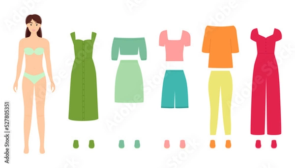 Fototapeta Paper doll with fashion clothes for different events, vector illustration