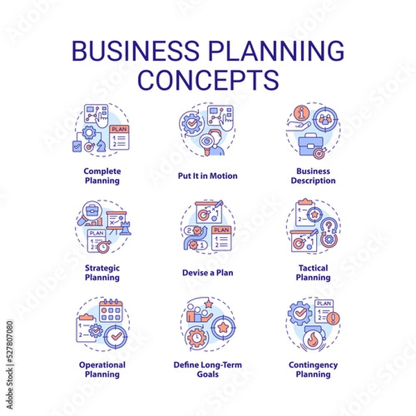 Fototapeta Business planning concept icons set. Building development strategy. Management idea thin line color illustrations. Isolated symbols. Editable stroke. Roboto-Medium, Myriad Pro-Bold fonts used