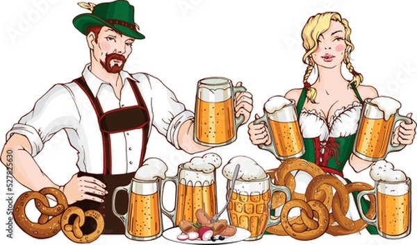 Obraz Vector young  bearded man and pretty blond woman wearing traditional bavarian clothes  with glass mugs of beer, pretzels, sausage. October fest illustration for design card, menu, poster, invitation.