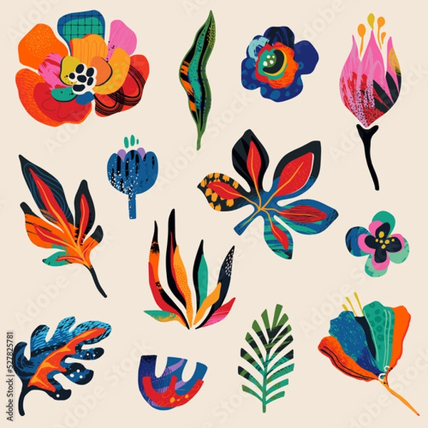 Obraz Set of vector floral obgects in modern abstract style. Flowers, leaves, cut papar elements and hand drawn texture