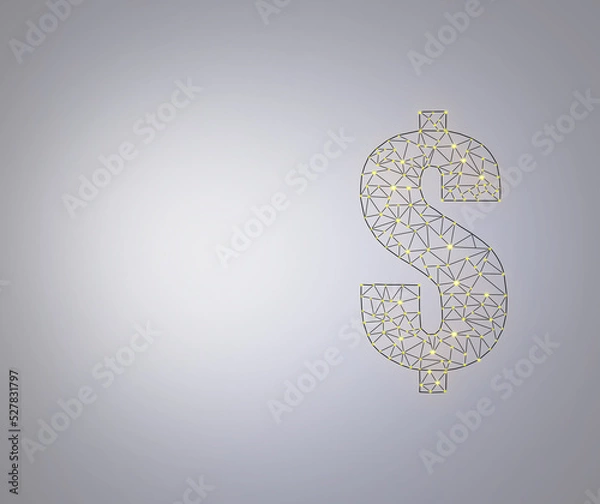 Fototapeta Neon black golden dollar sign on light background with copy space. 2d polygonal linear symbol of currency on gray background with space for text with bright starlight. Exchange rate, exchange, economy