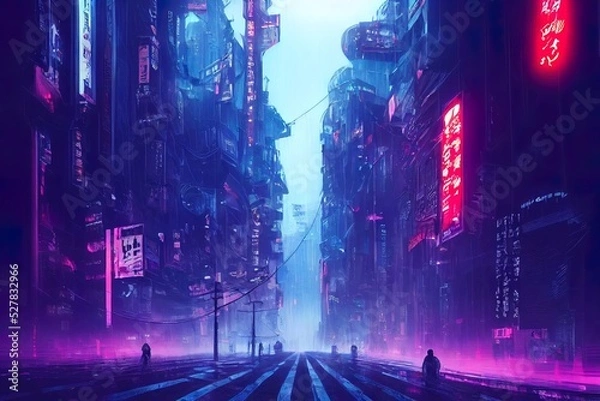 Fototapeta Asian, japanese cyberpunk futuristic city. Dark rainy day with sky scrapers. Dystopic future with neon signs and light. Advanced technological metropolis. Blade runner feeling. Digital artwork.