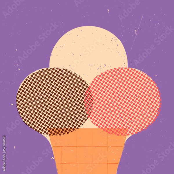 Fototapeta Retro style banner, card, flyer template. 3 various scoops of Vanilla, chocolate and strawberry taste in a waffle cone.