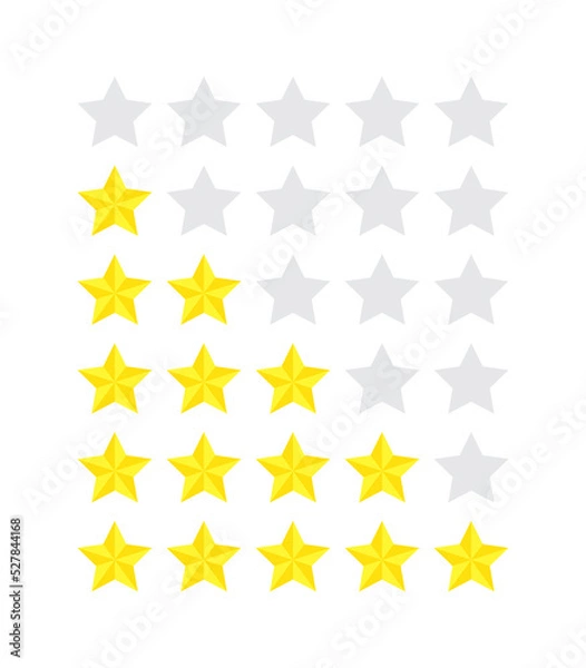 Fototapeta Set of one to five star product ratings, flat icon reviews for apps and websites. Yellow 5 star sticker with blank grading silhouette, isolated on white background. Customer satisfaction rating level.