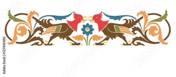 Fototapeta Two game birds with flourishes in stencil style
