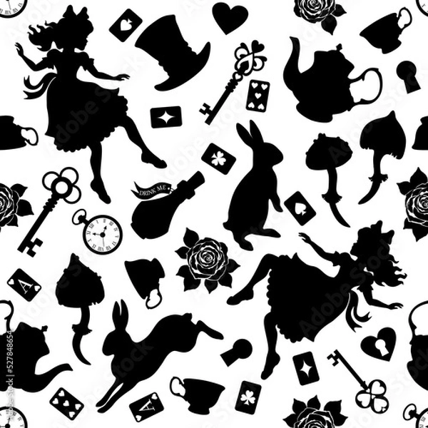 Fototapeta Wonderland seamless pattern. Black silhouettes Alice, rabbit, key, tea cup and teapot, roses and other  on a white background. Texture for fabric, wallpaper, decorative print