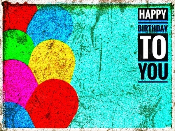 Fototapeta illustration image or abstract background, several colorful birthday balloons with words on a blue background