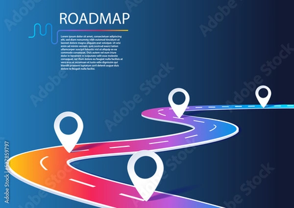 Obraz Roadmap infographic with milestones. Business concept for project management or business journey. Vector illustration of a winding road in dark mode design.