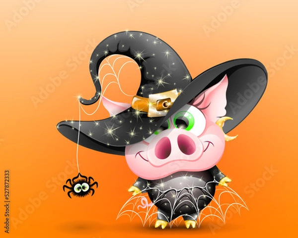 Fototapeta Funny pink cute cartoon pig in a shining witch costume with a spider hanging on a hat and with a web skirt