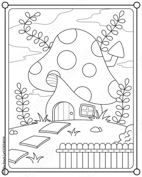 Fototapeta Fairy mushroom house suitable for children's coloring page vector illustration