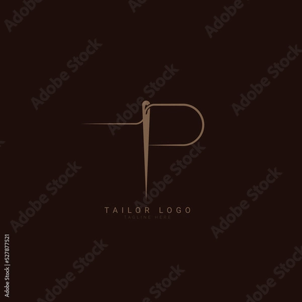 Obraz Abstract Initial Letter P Tailor logo, thread and needle combination with gold colour line style , Flat Logo Design Template, vector illustration
