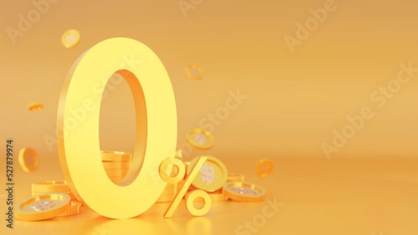 Obraz 3d rendering of special 0% 3d gold text with credit card for advertising about the interest reduction placed on golden background. Special offers, discounts on payments with coins floating around. .