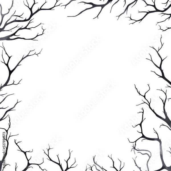 Fototapeta Botanical border PNG  with transparent background, old dry tree branches, dark frame on white, perfect for Halloween