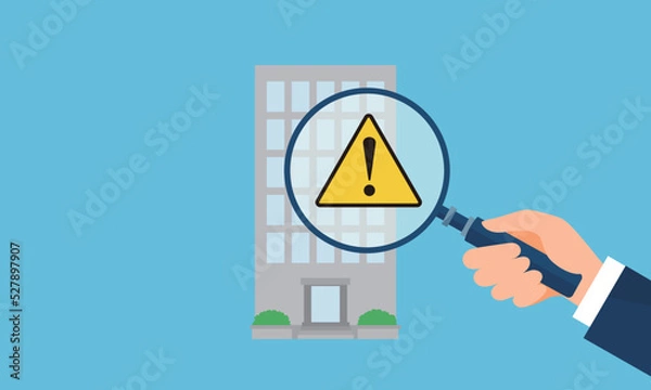 Fototapeta ビルと虫眼鏡を持つ手、アラートマークのイラスト、ベクター