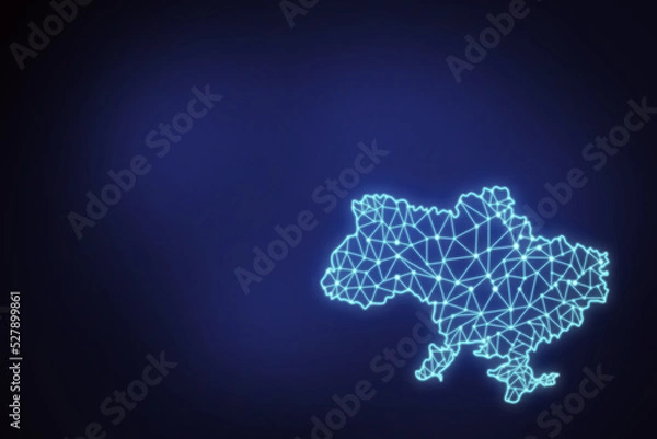 Fototapeta Neon polygonal illustration of the territory of Ukraine on a dark background with copy space. 2d image of contours of Ukraine with space for text on a black and blue background