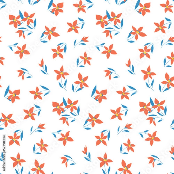 Fototapeta Seamless floral pattern, liberty ditsy print with folk motifs. Abstract composition of small red flowers, leaves on a white background. Botanical surface design. Vector.