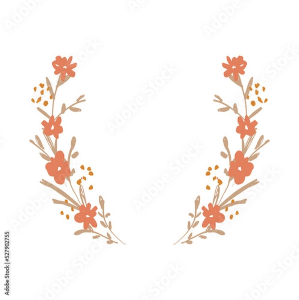 Fototapeta Simple Vector Card with Floral Wreath. Hand Drawn Open Empty Frame Made of Red Tiny Flowers and Golden Twigs isolated on a White Background. Infantile Style Freehand Drawing. No text.