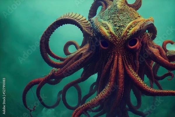 Obraz Dark fantasy scene, Cthulhu, sea monster in the depths of the sea. Digital art, 3D rendering.