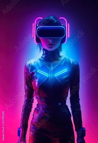 Fototapeta Realistic portrait of a sci-fi neon cyberpunk girl in a cyber suit. High-tech futuristic man from the future. The concept of virtual reality and cyberpunk. 3D render.