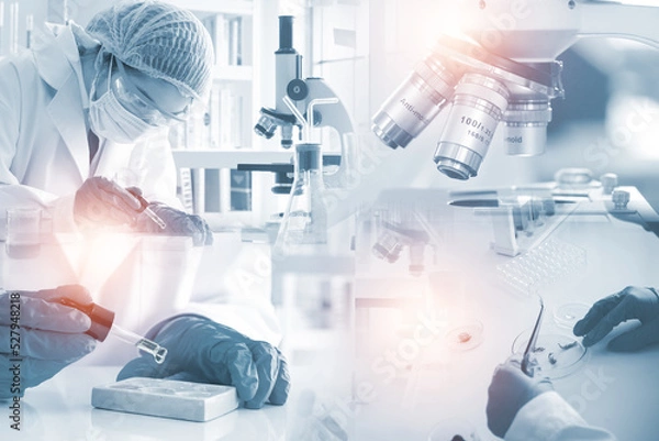 Obraz Double exposure microscope and Young woman scientific using equipment in the laboratory for research.Biotechnology,development,chemical,vaccine,COVID-19. Photo concept experimentation and research.
