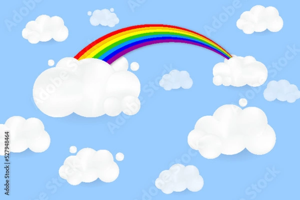 Fototapeta White 3d cloud and rainbow. Cartoon fluffy clouds icon in the blue sky. Vector illustration