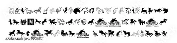 Fototapeta A collection of unicorn sketch art for tattoos or icons on a black and white background