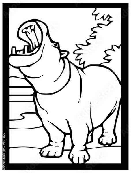 Obraz Hippo sketch on black and white background inside frame for comic or coloring.
