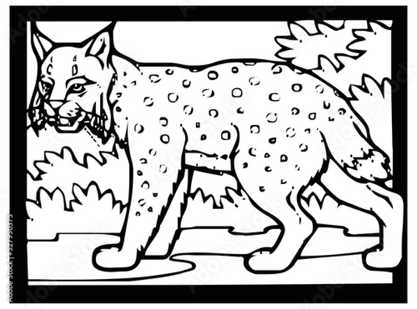 Fototapeta Sketch of a cheetah on a black and white background in a frame for comics or coloring.