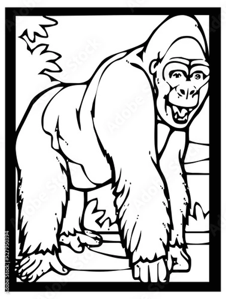 Obraz Sketch of a gorilla on a black and white background in a frame for comics or learning to color for children.