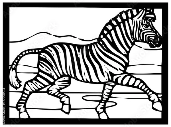 Obraz Sketch of a zebra on a black and white background in a frame for comics or coloring.