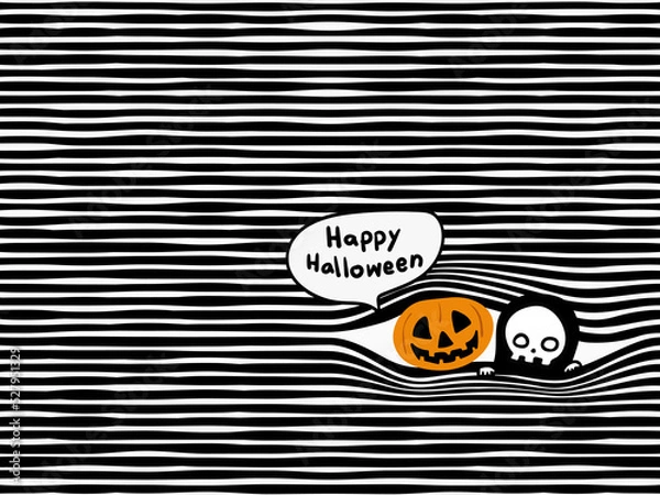 Fototapeta simple hand drawing black bold horizontal lines with peeking cartoon seamless pattern; ghost and jack o lantern halloween theme for background, texture, wallpaper, banner, label etc. vector design