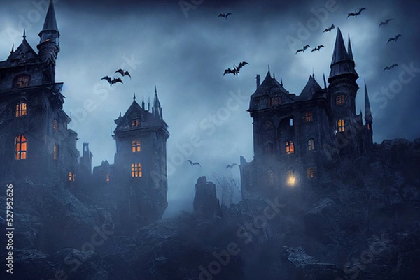 Obraz Spooky old gothic castle, foggy night, haunted mansion