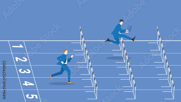 Fototapeta Advantages of hard-working, diligent, enthusiastic, intense. A leader businessman works by laptop and follow up rival run and jump on a race track. Career position, competition, contest, performance.