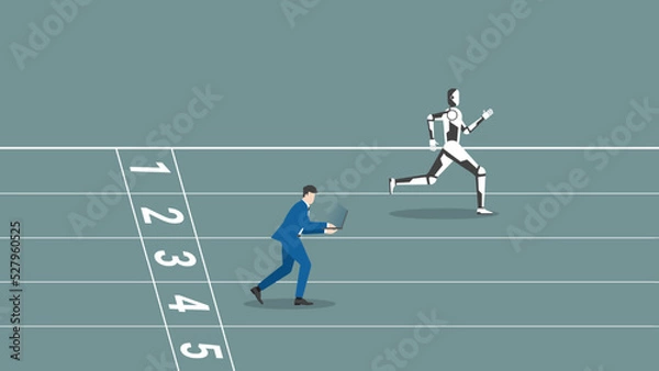 Fototapeta AI vs human battle concept. Businessman and robot run on a racetrack. A faster robot leads a man working on a laptop. Business competition, contest, career position in digital age cyber technology.